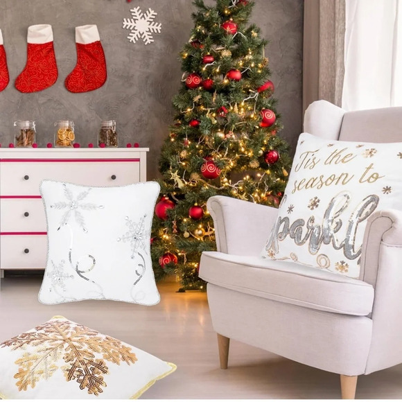 Decoration Throw Pillow Square Snowflakes Plush Pillow 13"x13" White - Picture 6 of 13